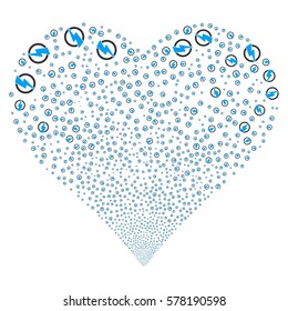 Electricity fireworks with heart shape. Vector illustration style is flat blue and gray iconic symbols on a white background. Object stream constructed from scattered icons.