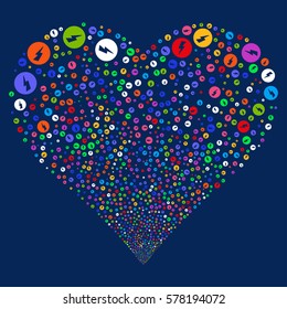 Electricity fireworks with heart shape. Vector illustration style is flat bright multicolored iconic symbols on a blue background. Object valentine heart done from random pictograms.