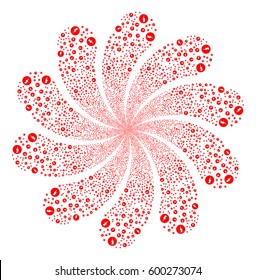 Electricity fireworks swirl flower with ten petals. Vector illustration style is flat red scattered symbols. Object twirl done from random pictographs.