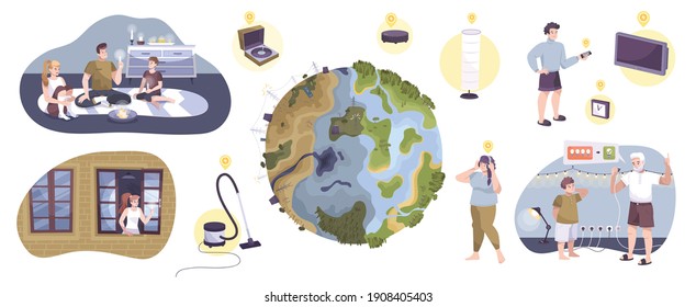 Electricity flat icon set use of funds for energy savings helping to preserve the earths ecology vector illustration