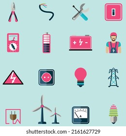 Electricity flat vector color icon collection set