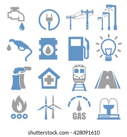 Electricity, Gas, Water, Public Utility Icon Set