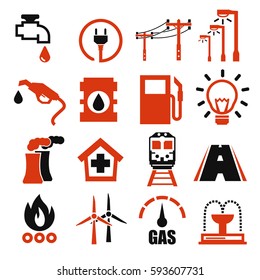 Electricity, Gas, Water, Public Utility Icon Set