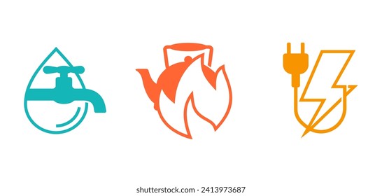 Electricity, Gasification, Water supply - technical building system icons with long shadows for site architectural plan infographics. Flat color pictograms