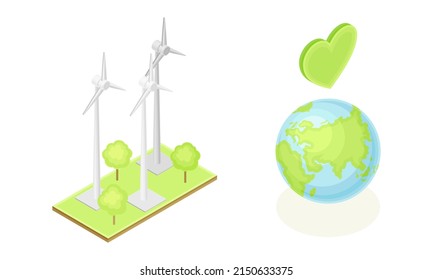 Electricity generation alternative sources. Green technology power production. Wind electricity isometric vector illustration