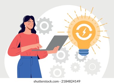 Electricity generation concept. Woman developing way to generate energy continuously. Modern technologies and innovations, clean energy sources. Girl with laptop. Cartoon flat vector illustration