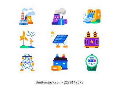 Electricity generation and distribution vector icons set. Energy production and renewable energy concept.