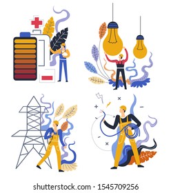 Electricity generation or electrical power, battery charge and light bulbs, tower and cable, isolated icons vector. Energy industry, recharge and house lighting. Electric wiring, engineers in hardhats