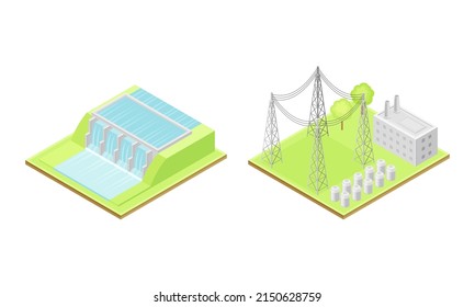 Electricity Generation. Hydroelectric Power Station And High Voltage Electricity Power Transmission Grid. Alternative Sources Isometric Vector Illustration