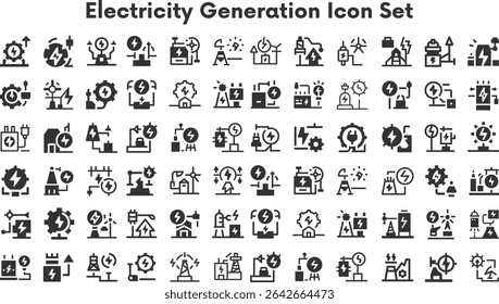 Electricity Generation icon Set. collection, sketches, logo illustrations, web symbols, outline style pictograms package isolated on white background. Vector graphics. stock illustration
