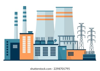 Electricity generation, nuclear power plant. Industrial factory and plant buildings 