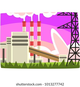 Electricity generation plant, fossil fuel power station horizontal vector illustration