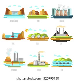 Electricity generation plants and sources solar, wind, water, petroleum, coal, geothermal, gas, nuclear and biofuel. Vector Illustration.