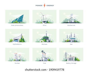 Electricity generation source types. Energy mix solar, water, fossil, wind, nuclear, coal, gas, biomass, geothermal and battery storage. Natural renewable pollution power plants station resources.