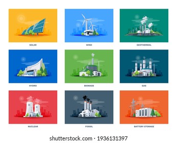 Electricity generation source types. Energy mix solar, water, fossil, wind, nuclear, coal, gas, biomass, geothermal and battery storage. Natural renewable pollution power plants station resources.