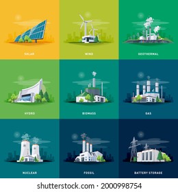 Electricity generation source types. Energy mix solar, water, fossil, wind, nuclear, coal, gas, biomass, geothermal and battery storage. Natural renewable pollution power plants station resources.