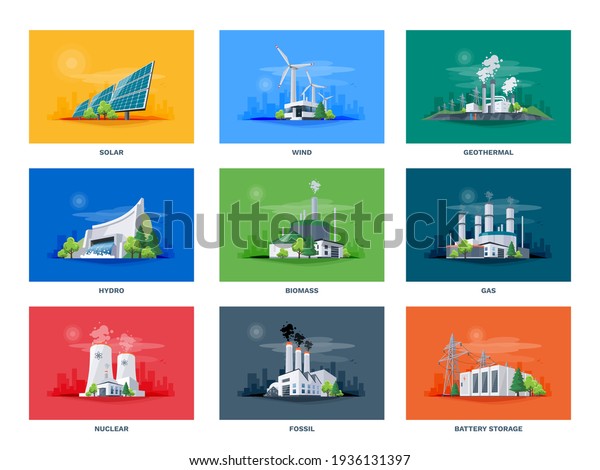 Electricity generation source types. Energy\
mix solar, water, fossil, wind, nuclear, coal, gas, biomass,\
geothermal and battery storage. Natural renewable pollution power\
plants station\
resources.