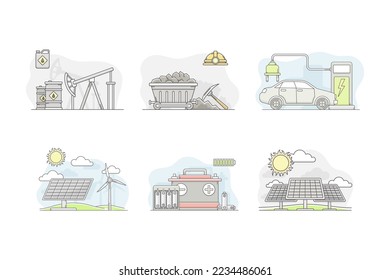 Electricity generation sources set. Power plant and natural energy source vector illustration