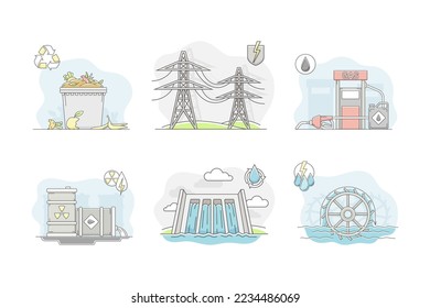 Electricity generation sources set. Power plant and natural energy source. Water, nuclear, gas and biomass vector illustration