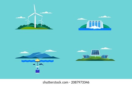 Electricity Generation Sustainable Renewable Energy Solar energy, water, wind, wave, green technology innovation vector illustration