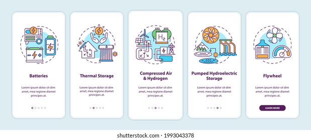 Electricity from generator onboarding mobile app page screen with concepts. Energy storage technologies energy walkthrough 5 steps graphic instructions. UI vector template with RGB color illustrations