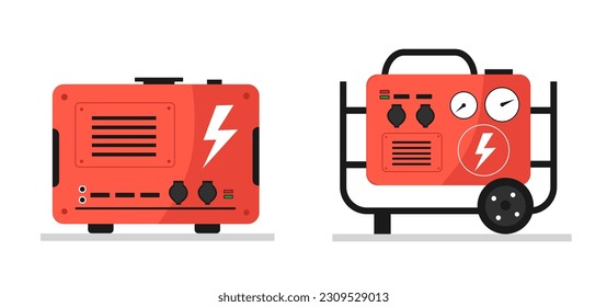 Electricity generator set. Energy and power on fuel, gasoline or gas. Electric charger diesel portable machine. Poster or banner. Cartoon flat vector collection isolated on white background