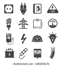 Electricity glyph icons set. Energy generation black and white flat illustrations pack. Electric power source isolated cliparts collection. Light bulb, socket and transmission tower design elements