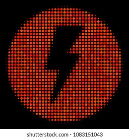 Electricity halftone vector icon. Illustration style is dotted iconic electricity symbol on a black background. Halftone pattern is created with circle spots.