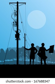 Electricity high power voltage line with construction engineers and excavator loaders and tractors in countryside forest field construction site landscape illustration background vector