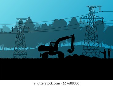 Electricity high power voltage line with construction engineers and excavator loaders and tractors in countryside forest field construction site landscape illustration background vector