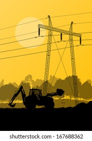 Electricity high power voltage line with construction engineers and excavator loaders and tractors in countryside forest field construction site landscape illustration background vector