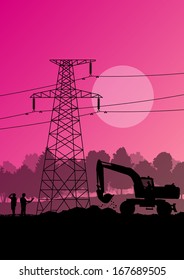 Electricity high power voltage line with construction engineers and excavator loaders and tractors in countryside forest field construction site landscape illustration 