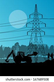 Electricity high power voltage line with construction engineers and excavator loaders and tractors in countryside forest field construction site landscape illustration 