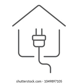 Electricity home thin line icon, real estate and home, plug sign vector graphics, a linear pattern on a white background, eps 10.