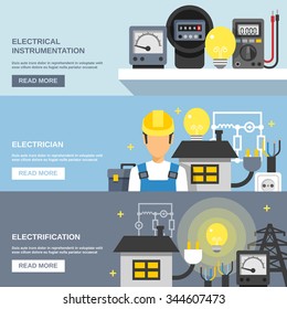  Electricity horizontal banners set with electrical instrumentation symbols flat isolated vector illustration 