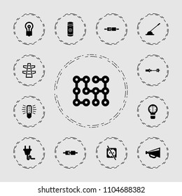 Electricity icon. collection of 13 electricity filled icons such as bulb, megaphone, arm lever, battery, plug in power socket. editable electricity icons for web and mobile.