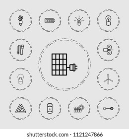 Electricity icon. collection of 13 electricity outline icons such as bulb, battery, wire, fluorescent lamp, voltage warning. editable electricity icons for web and mobile.