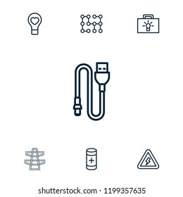 Electricity icon. collection of 7 electricity outline icons such as bulb heart, bulb, battery, wire, voltage warning. editable electricity icons for web and mobile.