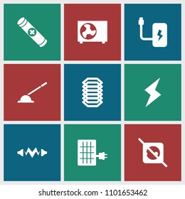Electricity icon. collection of 9 electricity filled icons such as air conditioner, flash, battery, solar panel. editable electricity icons for web and mobile.