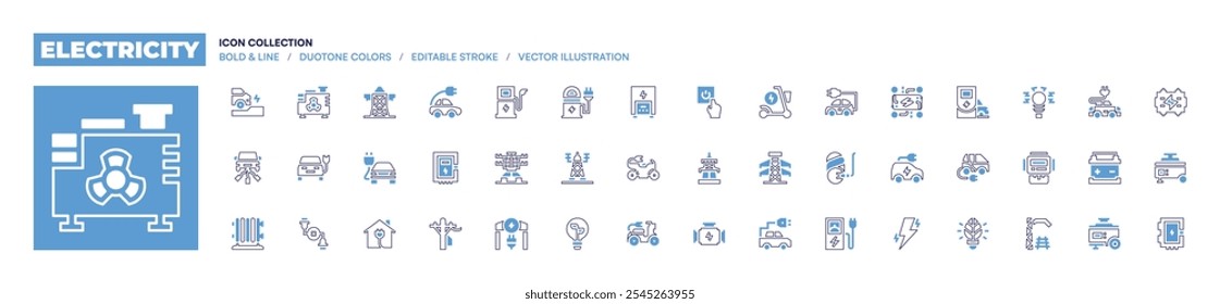 Electricity icon collection. Bold line style. Duotone colors. Editable stroke. power button, electric station, electric heater, engine, green energy, electric bike, electric tower.