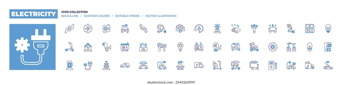 Electricity icon collection. Bold line style. Duotone colors. Editable stroke. off, electric pole, electric car, successful connection, generator, electric bike.