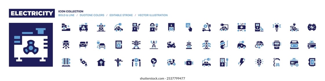 Coleção de ícones de eletricidade. Estilo negrito. Cores duotônicas. carro elétrico, gerador elétrico, torre elétrica, aquecedor elétrico, casa inteligente, quebra de cabo.