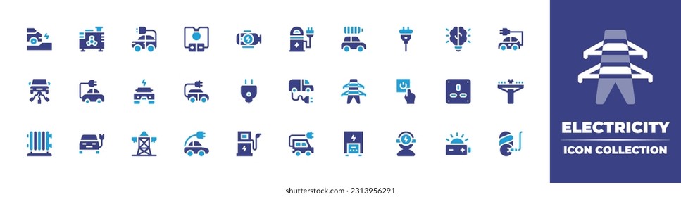 Electricity icon collection. Duotone color. Vector illustration. Containing electric car, generator, electric current, engine, station, tools and utensils, idea, plug, electric.