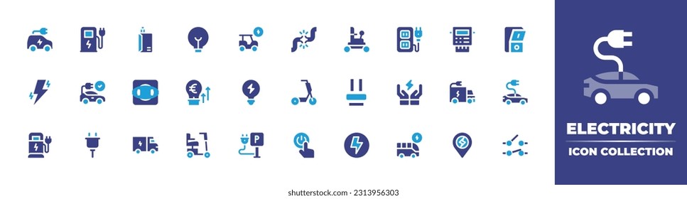 Electricity icon collection. Duotone color. Vector illustration. Containing electric car, charging station, electronic cigarette, lightbulb, golf cart, broken cable, wheelchair, socket, meter.