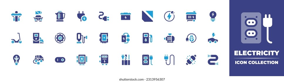 Electricity icon collection. Duotone color. Vector illustration. Containing electric pole, electric car, electric kettle, plug, electrical, car battery, power off, electricity, generator, light bulb.