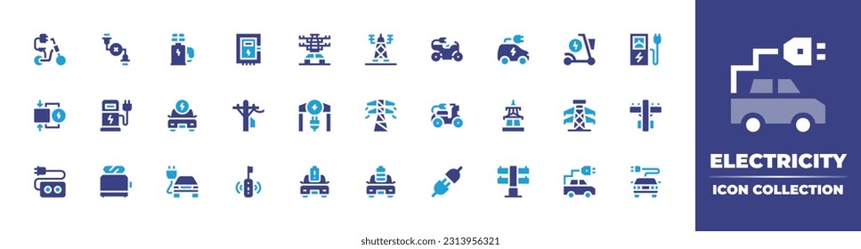 Electricity icon collection. Duotone color. Vector illustration. Containing electric bike, cable break, electric station, fuse box, electric tower, car, scooter, electric power.