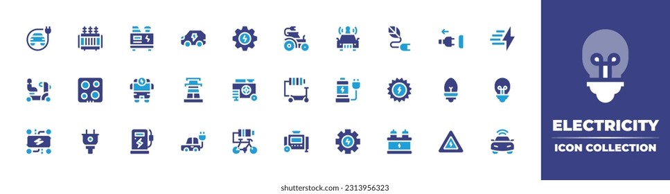 Electricity icon collection. Duotone color. Vector illustration. Containing electric transport, electrical, electric generator, electric car, electrician, tractor, electricity, unplug, lightning.