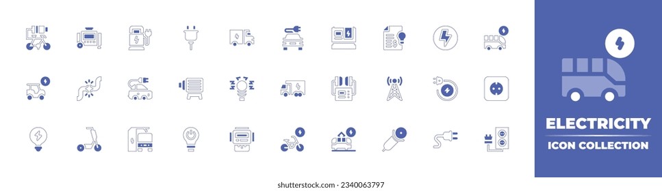 Colección de iconos de electricidad. Curso de línea de estilo duotónico y negrita. Ilustración vectorial. Contienen bicicleta eléctrica, generador eléctrico, punto de carga, cable, servicio eléctrico, eco-car y más.