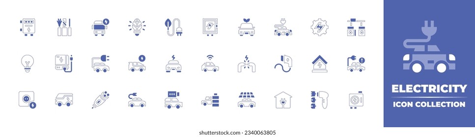 Electricity icon collection. Duotone style line stroke and bold. Vector illustration. Containing electrical panel, wiring, electric bus, lightbulb, renewable energy, electric panel, and more.