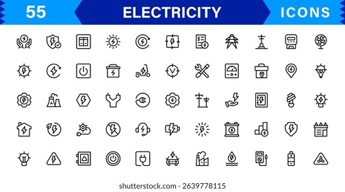 Electricity Icon Collection with Power, Energy, Electrical Equipment, Circuit, and Renewable Energy Symbols in a Simple, Marketable Design